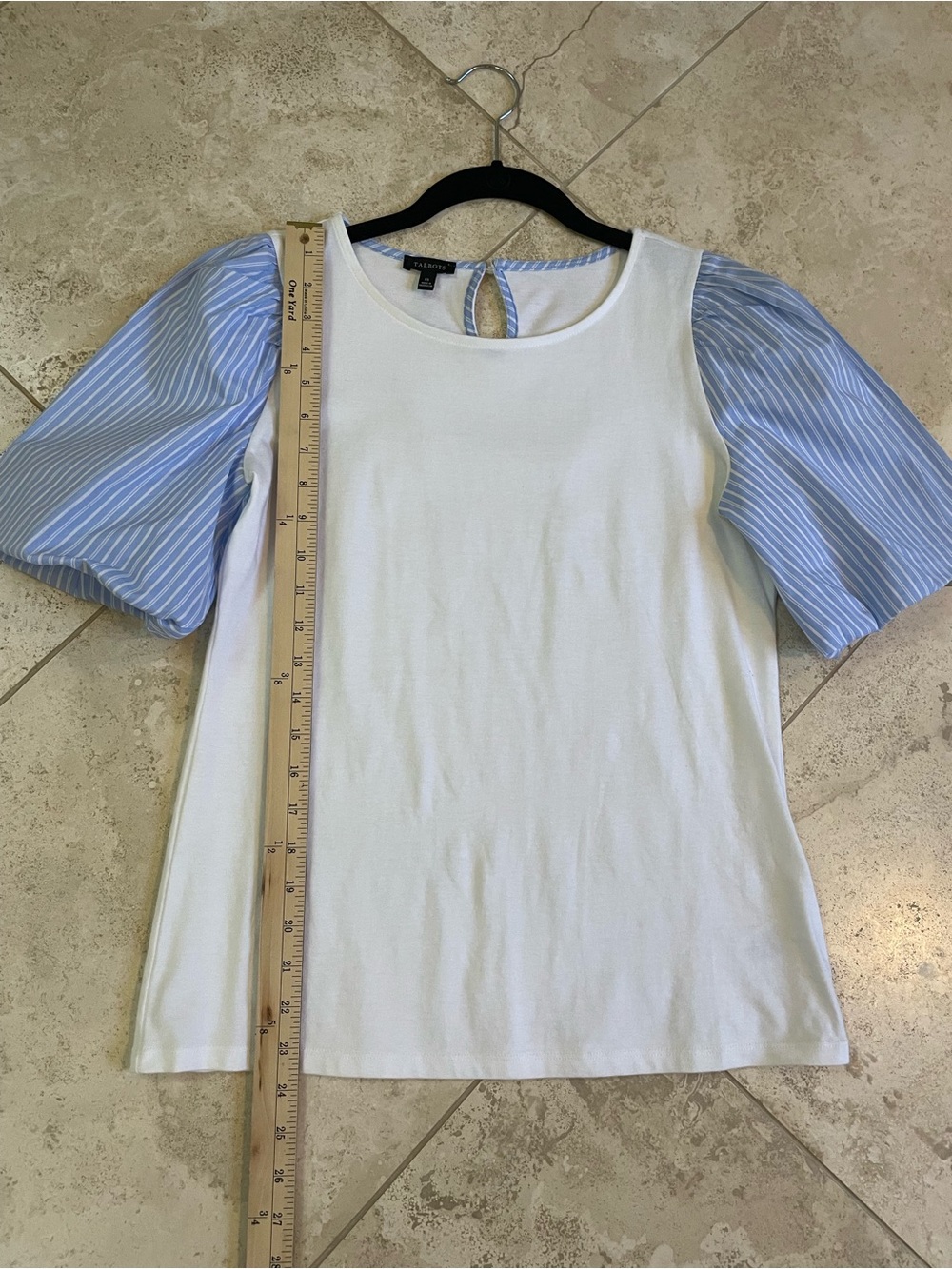 Casual White Top with Blue Stripe Puff Sleeves - Picture 4 of 6